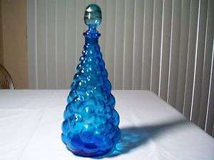 Vtg Made in Italy Blue Glass Decanter W/ Blown Stopper  