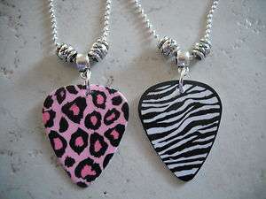   One Zebra Print or Pink Leopard Print Guitar Pick Necklace  