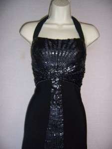 SUE WONG Black Halter Stretch Jersey Beaded Formal Evening Gown dress 