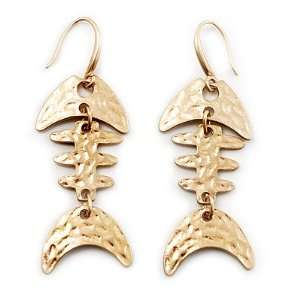  Gold Plated Hammered Fish Skeleton Drop Earrings   6.5cm 