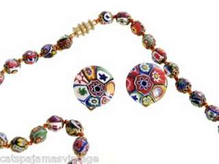 Vintage Venetian Millefiori Beads Necklace & Earrings 1930s 28 