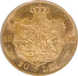 Romania GOLD 20 Lei 1890 PCGS MS62 Hard to Find  