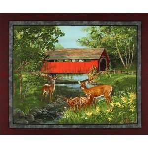  44 Wide Covered Bridge Wallhanging Panel Burgundy Fabric 