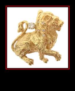 14K Solid Yellow Gold Lion Pendant w/Diamonds  