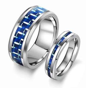 New Matching Couple Tungsten Carbide Ring Set Wedding Bands Blue 