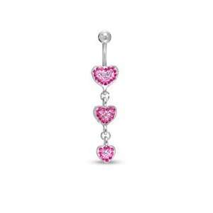  014 Gauge Triple Heart Belly Button Ring with Pink and 