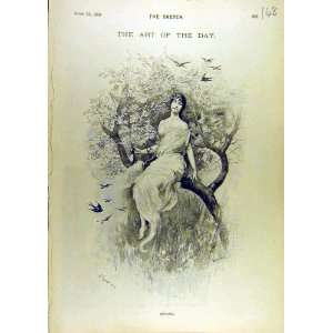 1896 Spring Sketch Lady Tree Garden Birds Fine Art 
