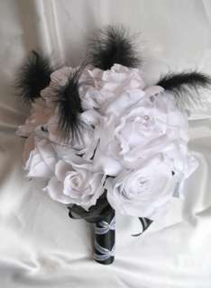 17pc Bouquet wedding flowers WHITE /BLACK FEATHERS  
