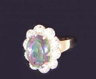 14k Solid Gold Mystic Topaz and Diamond Ladies Large Oval Ring 