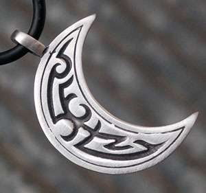 Tribal Crescent Moon Pewter Pendant W Black Necklace  