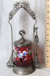   / DERBY SILVER 1880s QUADRUPLE PLATE CRANBERRY GLASS PICKLE CASTOR
