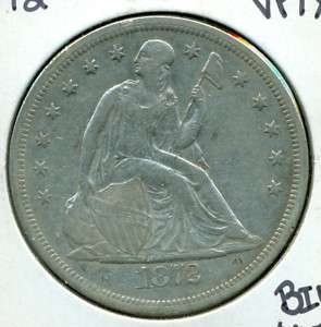 1872 SEATED LIBERTY SILVER DOLLAR   VF/XF  