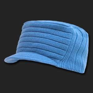   Blue Flat Top Ribbed Visor Beanie Knit Jeep Cap Hat 