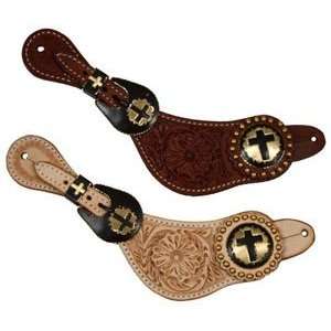 Ladies Floral Tooled Spur Straps with Gold Cross  Sports 