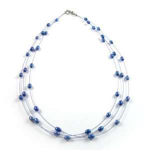  Sky Blue Genuine Pearl 3 Strand Necklace Jewelry
