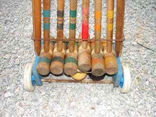 Vintage Wooden Croquet Game Set w/Caddy  