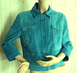 Turquoise Blue Suede Elie Tahari Jacket Large Snap Front L  
