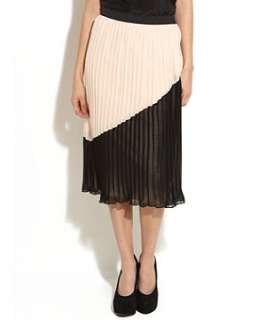 Black Pattern (Black) Pleated Diagonal Colour Block Midi Skirt 