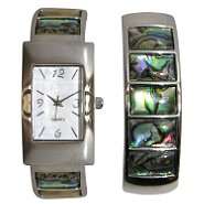   Smith Silvertone and Abalone Tank Watch and Bangle Set 