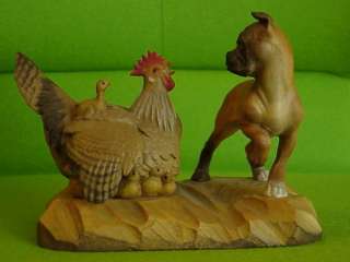   Anri Helmut Diller Carved Wood STANDOFF BULLDOG HEN Boxer Dog Chicken
