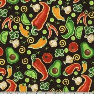  45 Wide Salsa Picante Vegetables Black Fabric By The 