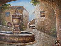 Italian Tuscany Courtyard & Fountain Art Oil Painting  