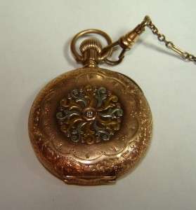   WALTHAM WATCH pocket Hunting 14K gold inlay~Diamond 1800s  