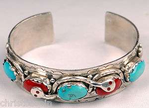   Effie C. Sterling Silver, Coral & Turquoise Bracelet w/Snake Motif