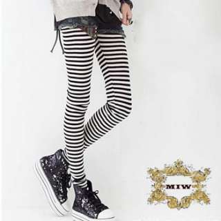 Sz S M L XL Black/White Stripes Prints Cotton Fashion Skinny Pants 