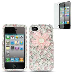 3D Pink Flower Bling Diamond Silver Hard Case For Apple iPhone 4S 4 w 