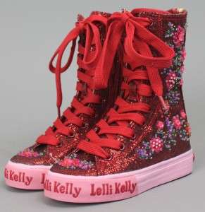 Lelli Kelly Glitter Red Hi Top boots shoe Lace Up Candy  