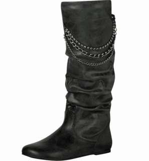   Mid Calf Knee High Round Toe Slouch Boots Black With Chain  