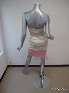 Herve Leger Beige & Pink Striped Strapless Dress S  