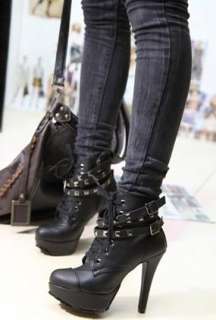 New Womens Studded High Heels Platform Lace up Ankle Boots Shoes US 9 