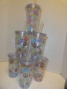Double Wall Walled Tumbler Cup PEACE Insulated w/lid multi colored 