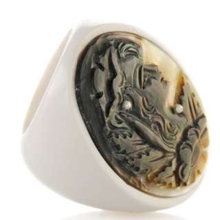 Italy Cameo 35mm Black Mother of Pearl Sterling & White Stone Ring 10 