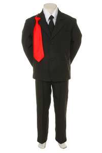 NEW Boys Dress 5 Piece Suit Tuxedo w/vest BLACK EXTRA Red Tie(S XL 2T 
