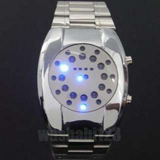 New Hot Blue LED Dot Matrix Lights Mens Silver Watch  