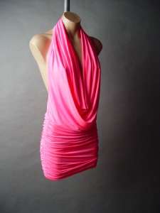 Neon Pink Low Cut Plunging Plunge Neck Halter Open Back Backless Club 
