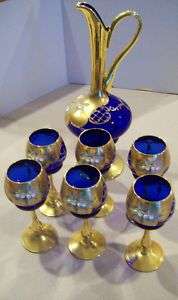 Murano Italy Cobalt Blue Glass Set & Pitcher 24k Gold Enamel Perfect 