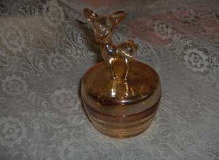   Marigold Depression Glass 2 Pc Fawn Deer Powder Jar Dish Mint  