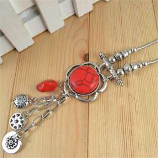 Antique Silver Plated Red Turquoise Stone Flower Pendant Necklace N100 