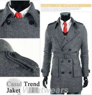 Mens Wool Double Breasted Cowl Collar Long Trench Coat Grey Z07  