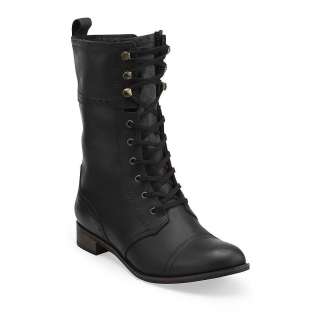 Indigo Women Olive Mary Laced Up Side Zipper Boot Black Oily Leather 