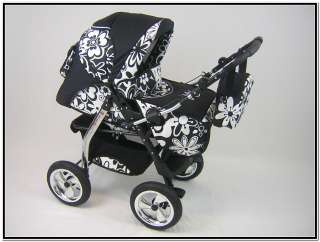 Luxus Kombi Kinderwagen Milo Neue Modell WM005 Schwarz  weiße Blumen 