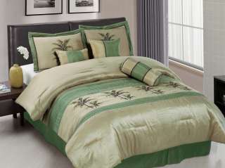 7pcs Sage Green Embroidery Palm Tree Comforter Set Bed in a Bag, Full 