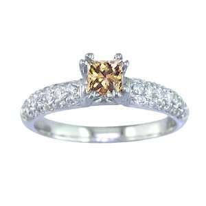  0.85 CT Princess Cut Champagne Diamond Engagement Ring 14K 