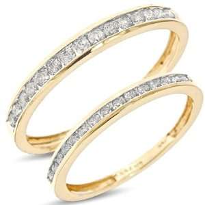 Round Cut Diamond Matching Wedding Band Set 10K Yellow GoldTwo Rings 
