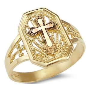   14k Yellow and Rose Gold 2 Two Tone Cross Crucifix Ring Jewelry