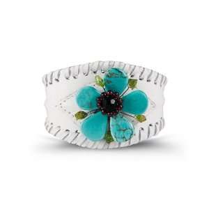    White Leather PU Flower Blue Green Black Stone Cuff Jewelry